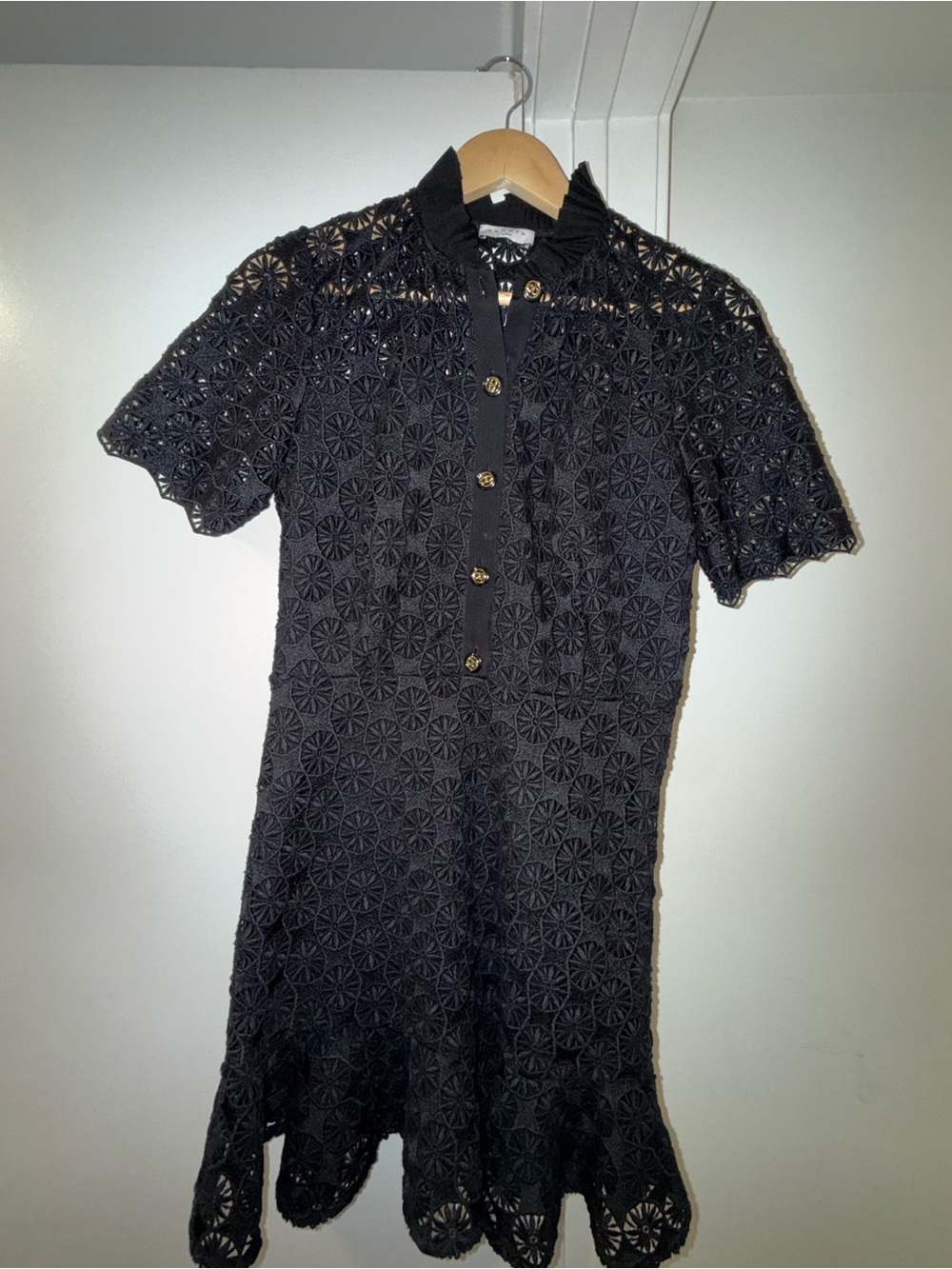SANDRO Black Short-Sleeve Eyelet Knit Mini Dress